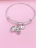 Silver Theater Masks Bangle Bracelet, Personalized Initial Charm