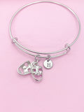 Silver Theater Masks Bangle Bracelet, Personalized Initial Charm
