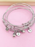 Silver Acorn Charm Bracelet, Personalized Initial Bangle, Bridesmaid Gift