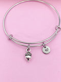 Silver Acorn Charm Bracelet, Personalized Initial Bangle, Bridesmaid Gift