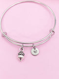 Silver Acorn Charm Bracelet, Personalized Initial Bangle, Bridesmaid Gift