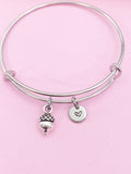 Silver Acorn Charm Bracelet, Personalized Initial Bangle, Bridesmaid Gift