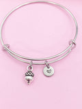 Silver Acorn Charm Bracelet, Personalized Initial Bangle, Bridesmaid Gift