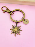 Bronze Sun Charm Keychain, Personalized Initial Monogram