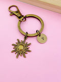 Bronze Sun Charm Keychain, Personalized Initial Monogram