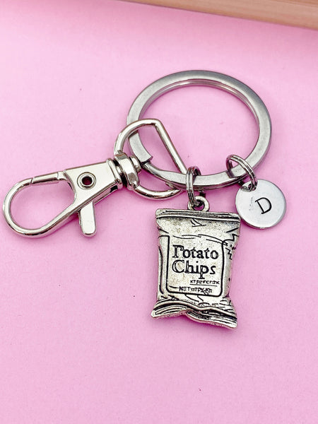 Silver Potato Chips Bag Charm Keychain Foodie Gift Idea Personalized Customized Monogram Made to Order Jewelry, AN1925