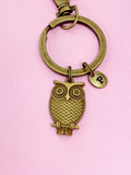 Bronze Owl Keychain, Personalized Initial Charm