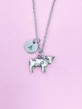 Silver Cow Charm Necklace, Initial Pendant, Farmer Gift, N1489