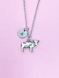Silver Cow Charm Necklace, Initial Pendant, Farmer Gift, N1489