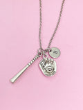 Softball Charm Necklace, Personalized Initial, Baseball Bat & Glove