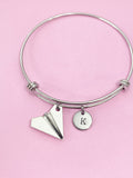Paper Airplane Charm Bangle, Initial Charm, Personalized Gift
