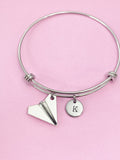 Paper Airplane Charm Bangle, Initial Charm, Personalized Gift