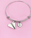 Paper Airplane Charm Bangle, Initial Charm, Personalized Gift