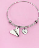 Paper Airplane Charm Bangle, Initial Charm, Personalized Gift