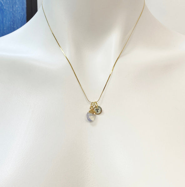 Gold Opal Charm Necklace Gemstone October Birthday Gifts Ideas Personalized Customized Monogram Made to Order, N2759