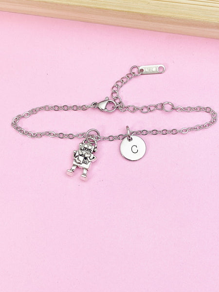 Silver Robot Heart Charm Bracelet Robotic Gifts Ideas Personalized Customized Made to Order Jewelry, AN1445