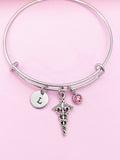 Caduceus Charm Bangle, Personalized Initial, Medical Gift