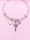 Caduceus Charm Bangle, Personalized Initial, Medical Gift