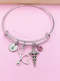 Caduceus Stethoscope Charm Bracelet, Initial & Birthstone, Medical Gift