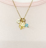 Gold Clover Initial Necklace, Personalized Charm, Birthstone Jewelry