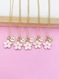 Gold Pink Magnolia Initial Necklace, Personalized Flower Charm