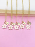 Gold Pink Magnolia Initial Necklace, Personalized Flower Charm