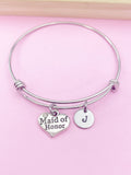 Maid of Honor Bangle Bracelet, Initial Charm, Wedding Gift