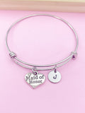 Maid of Honor Bangle Bracelet, Initial Charm, Wedding Gift