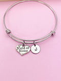 Maid of Honor Bangle Bracelet, Initial Charm, Wedding Gift