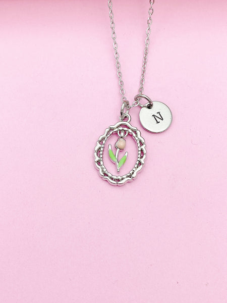Silver Tulip Flower Charm Necklace Spring Birthday Mother's Day Gifts Ideas Personalized Customized Made to Order, N2033