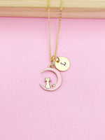 Gold Cat Charm Necklace, Pink Cat Sit on the Crescent Moon Charm Necklace, Pink Cat Charm, Crescent Half Moon Charm, Pet Gift, N257