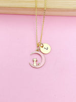 Gold Cat Charm Necklace, Pink Cat Sit on the Crescent Moon Charm Necklace, Pink Cat Charm, Crescent Half Moon Charm, Pet Gift, N257