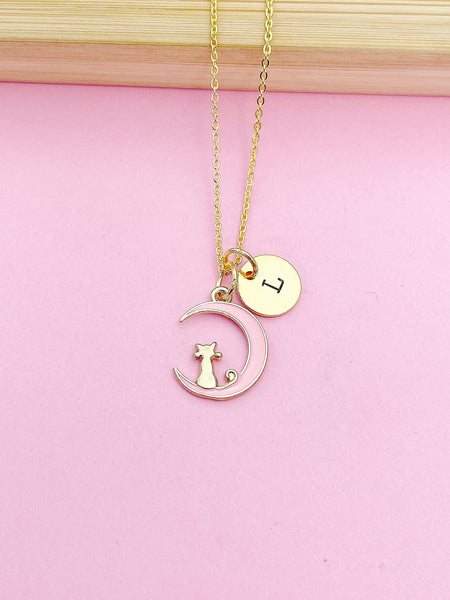 Gold Cat Charm Necklace, Pink Cat Sit on the Crescent Moon Charm Necklace, Pink Cat Charm, Crescent Half Moon Charm, Pet Gift, N257