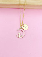 Gold Cat Charm Necklace, Pink Cat Sit on the Crescent Moon Charm Necklace, Pink Cat Charm, Crescent Half Moon Charm, Pet Gift, N257