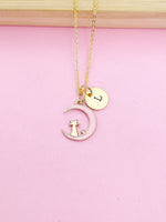 Gold Cat Charm Necklace, Pink Cat Sit on the Crescent Moon Charm Necklace, Pink Cat Charm, Crescent Half Moon Charm, Pet Gift, N257