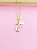 Gold Cat Charm Necklace, Pink Cat Sit on the Crescent Moon Charm Necklace, Pink Cat Charm, Crescent Half Moon Charm, Pet Gift, N257