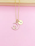 Gold Cat on Pink Moon Necklace, Initial Charm, Pet Gift