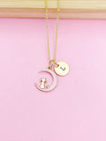 Gold Cat on Pink Moon Necklace, Initial Charm, Pet Gift