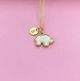 Gold Elephant Necklace, Imitation Opal Charm, Personalized Initial