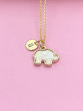 Gold Elephant Necklace, Imitation Opal Charm, Personalized Initial