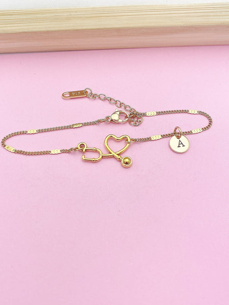 Gold or Silver Stethoscopes Heart Charm Bracelet Doctor Nurse Medical School Student Gift Idea Personalized Jewelry, BN1002