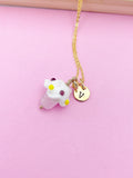 Gold Cupcake Necklace, Handmade Lampwork Pink Cupcake Charm, Personized Initial Necklace, N5154