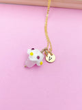 Gold Cupcake Necklace, Handmade Lampwork Pink Cupcake Charm, Personized Initial Necklace, N5154