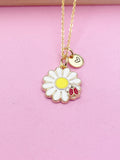 Gold Red Ladybug on Daisy Flower Charm Necklace Gift Ideas Personalized Customized Made to Order Jewelry, N2272