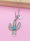 Silver Cactus Necklace, Personalized Initial Charm, Southwest Jewelry