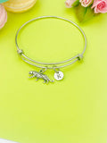 Silver Tiger Charm Bangle Bracelet, Personalized Initial Charm
