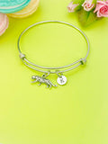 Silver Tiger Charm Bangle Bracelet, Personalized Initial Charm