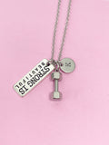 Silver Strong is Beautiful Dumbbell Charm Necklace Fitness Gym Gifts Ideas Personalized Customized Made to Order, N1092