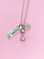 Silver Strong is Beautiful Dumbbell Charm Necklace Fitness Gym Gifts Ideas Personalized Customized Made to Order, N1092