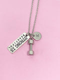 Silver Strong is Beautiful Dumbbell Charm Necklace Fitness Gym Gifts Ideas Personalized Customized Made to Order, N1092